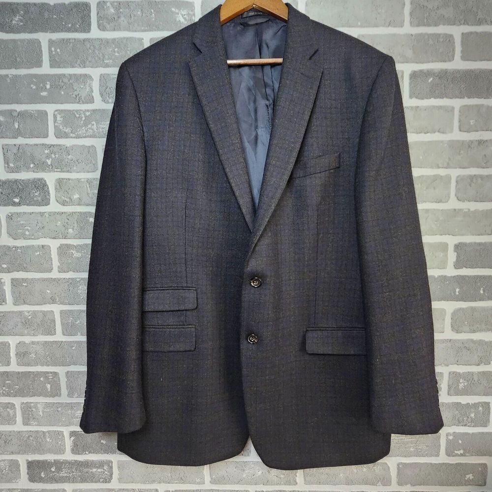 Lauren Ralph Lauren‎ Blazer Men's 46L Blue Black Plaid Elbow Pads Wool Jacket